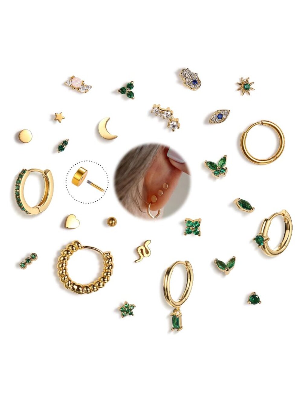25 Pc Hypoallergenic Flat Back Earrings 14K Gold Plated Surgical Steel Set